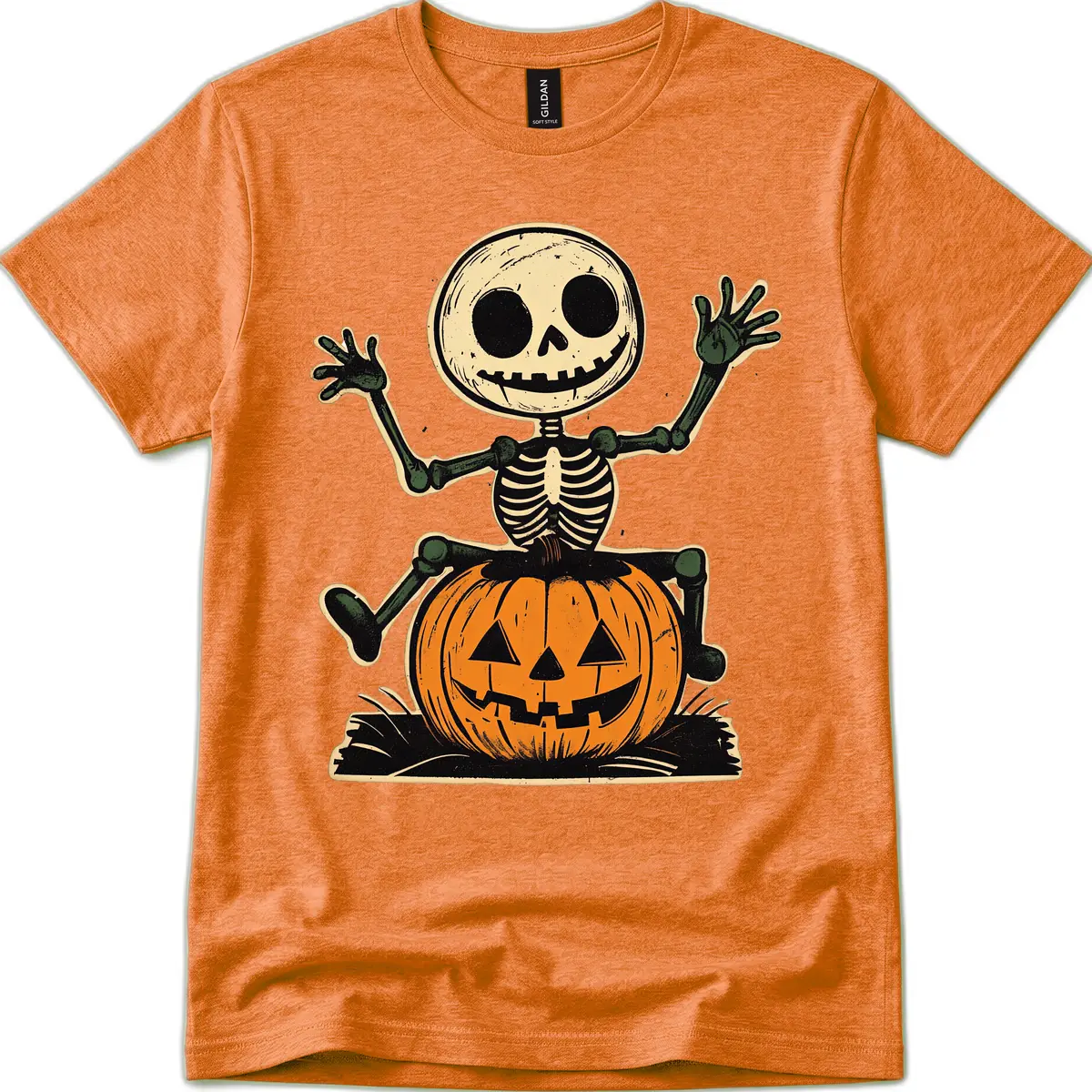 Spooky Skeleton Riding Pumpkin T-Shirt in Heather Orange
