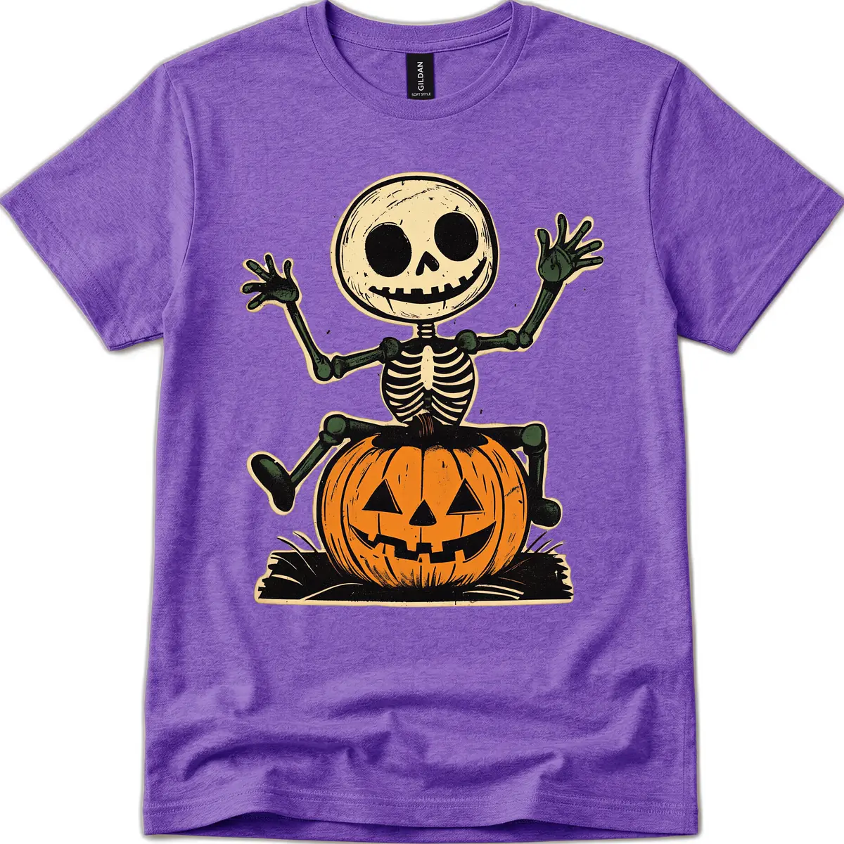 Spooky Skeleton Riding Pumpkin T-Shirt in Heather Purple
