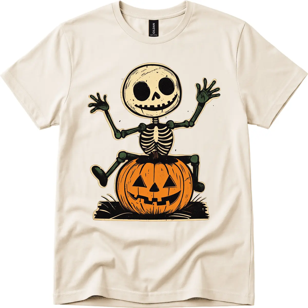Spooky Skeleton Riding Pumpkin T-Shirt in Natural
