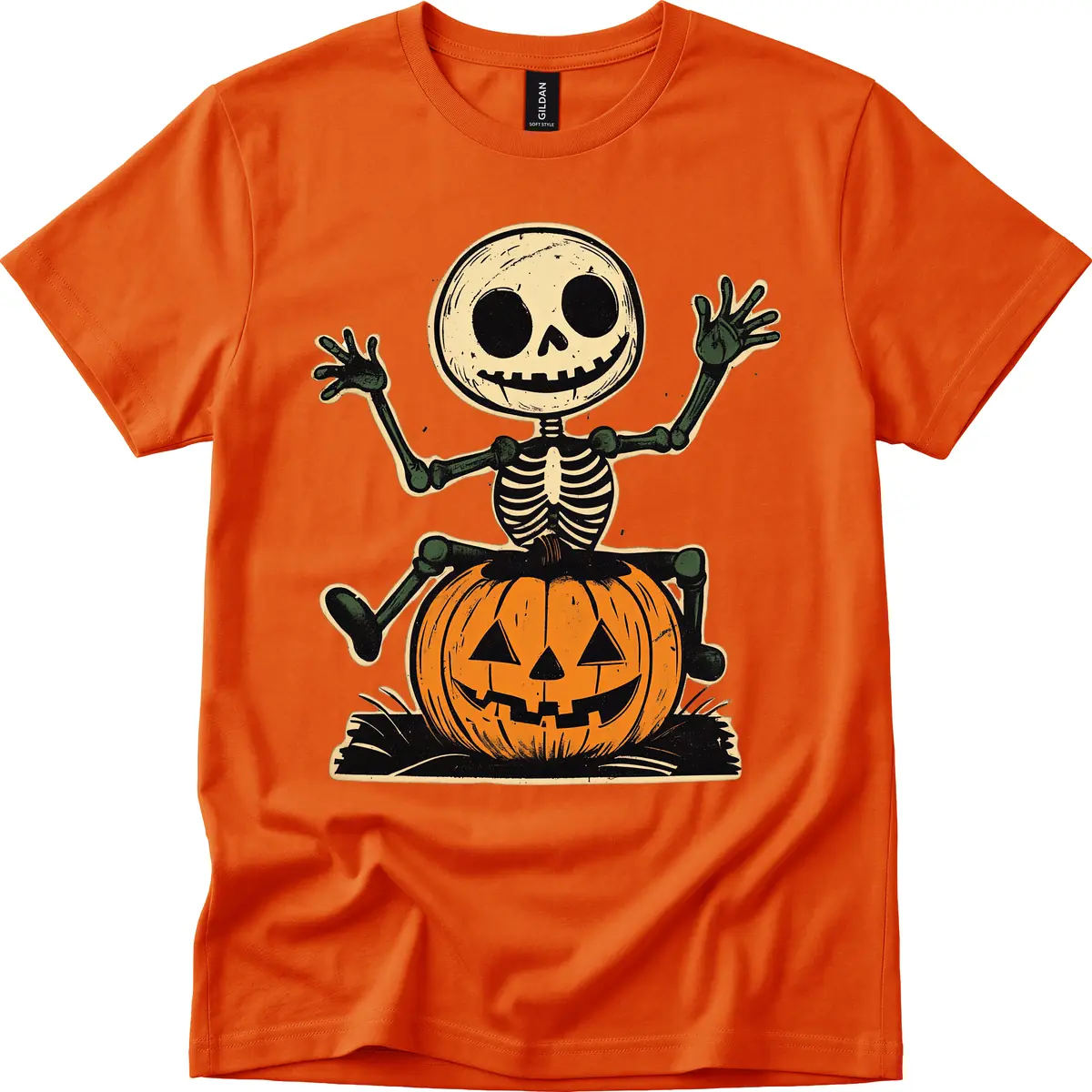 Spooky Skeleton Riding Pumpkin T-Shirt in Orange
