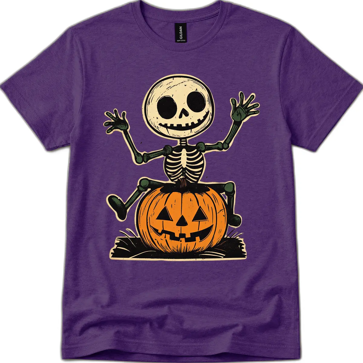 Spooky Skeleton Riding Pumpkin T-Shirt in Purple