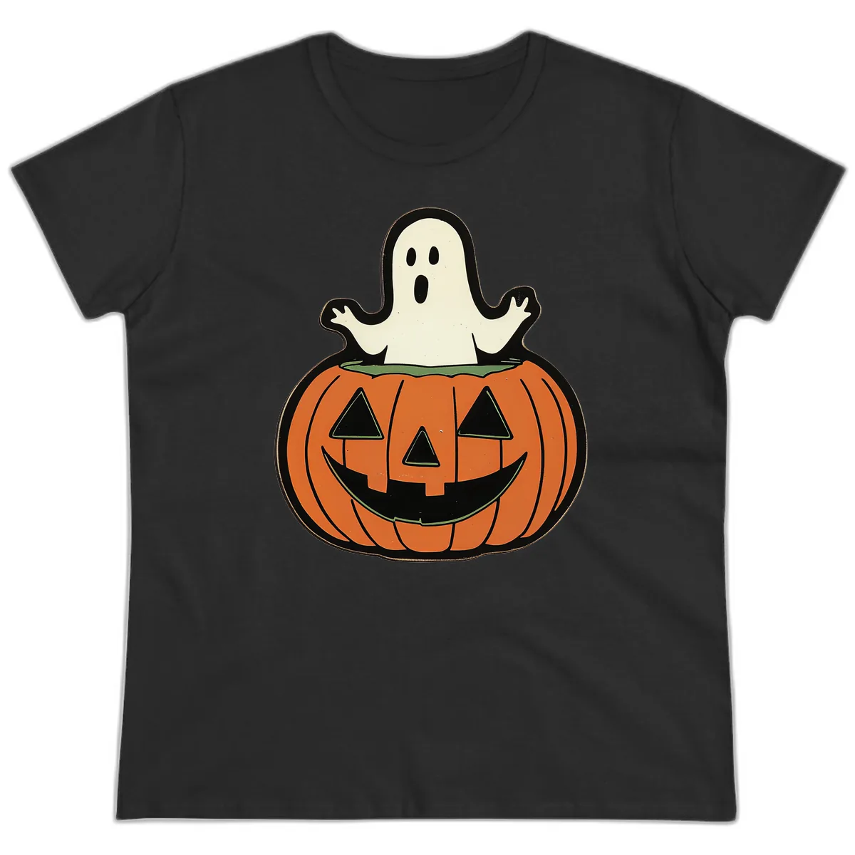 Ghost In Pumpkin Patch Ladies Tee in Black