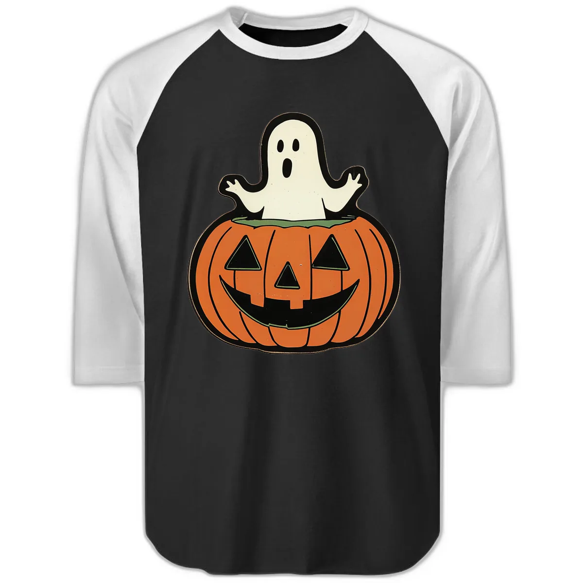 Ghost In Pumpkin Patch Raglan 3/4 in Black White
