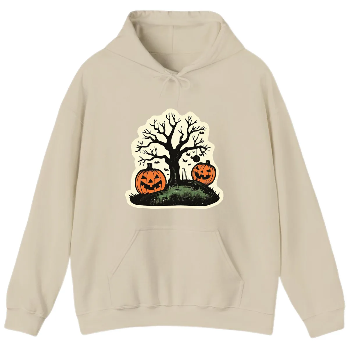 Spooky Halloween Tree And Pumpkins Hoodie in Sand