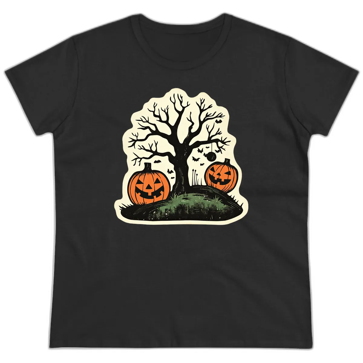 Spooky Halloween Tree And Pumpkins Ladies Tee in Black