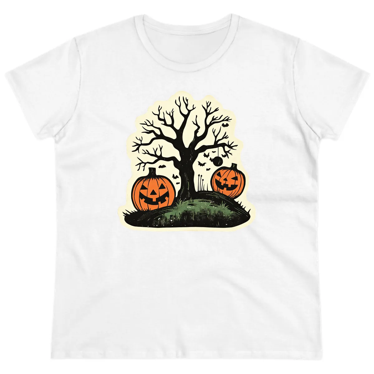 Spooky Halloween Tree And Pumpkins Ladies Tee in White