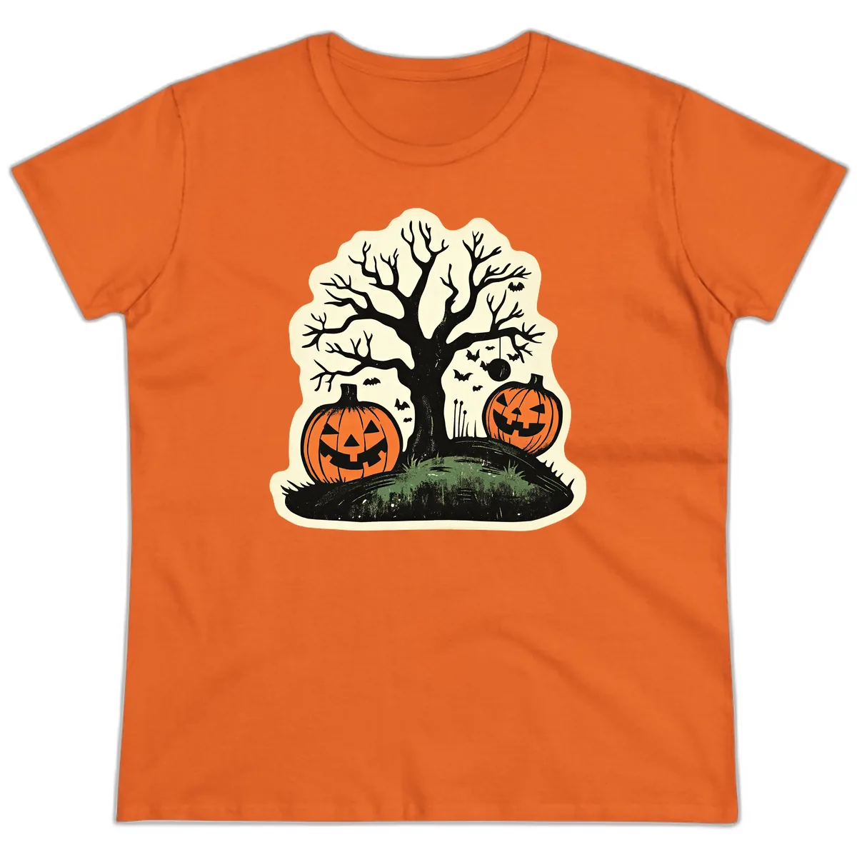 Spooky Halloween Tree And Pumpkins Ladies Tee in Orange