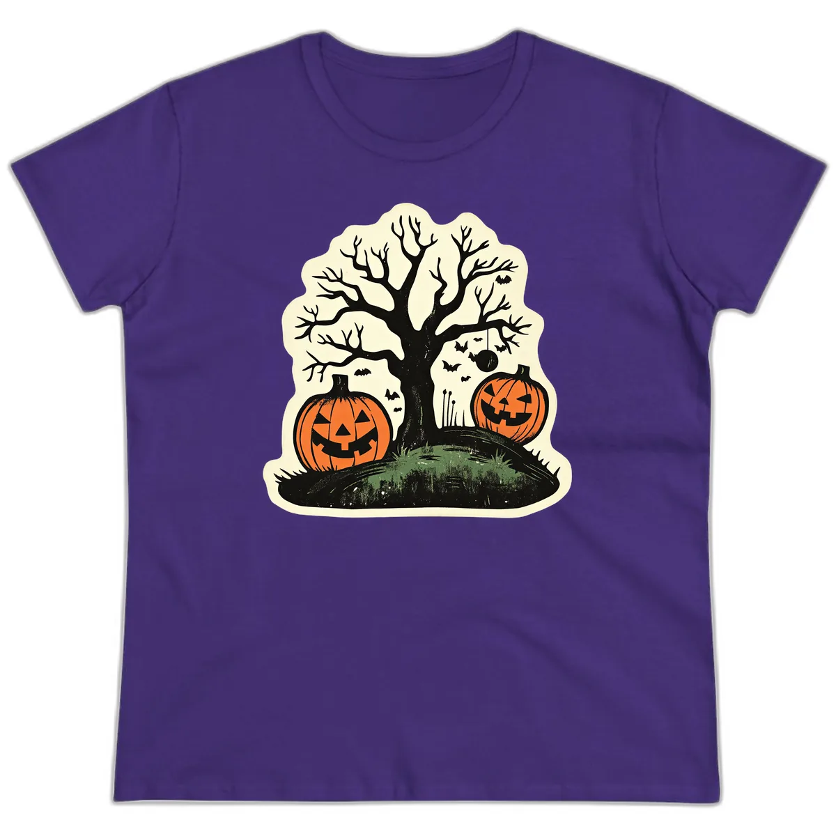 Spooky Halloween Tree And Pumpkins Ladies Tee in Purple