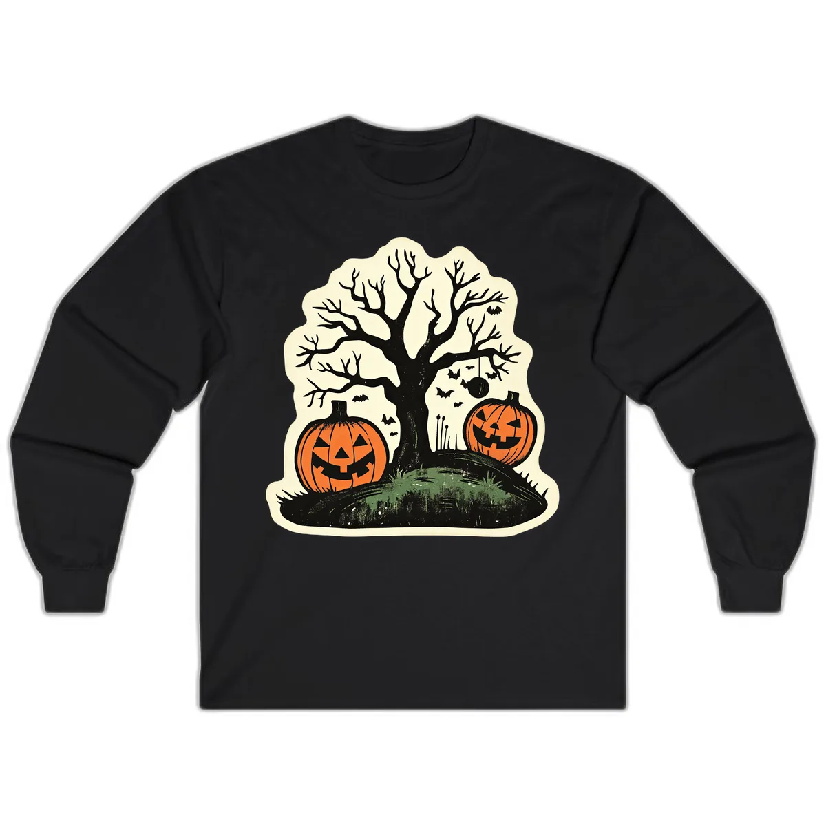 Spooky Halloween Tree And Pumpkins Long Sleeve in Black
