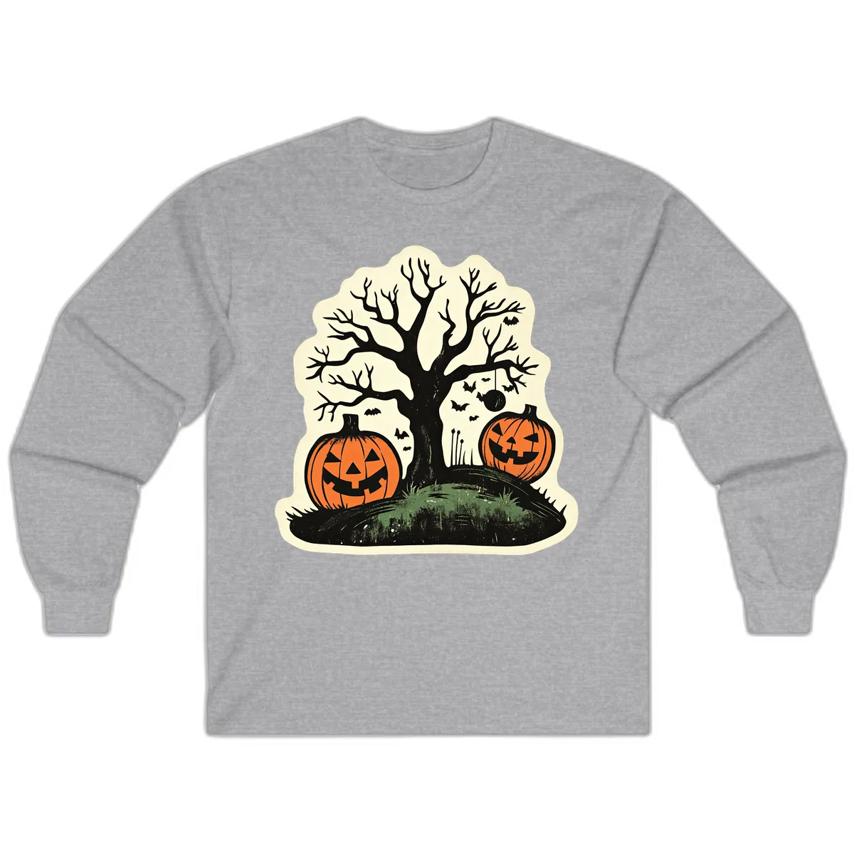 Spooky Halloween Tree And Pumpkins Long Sleeve in Sport Grey