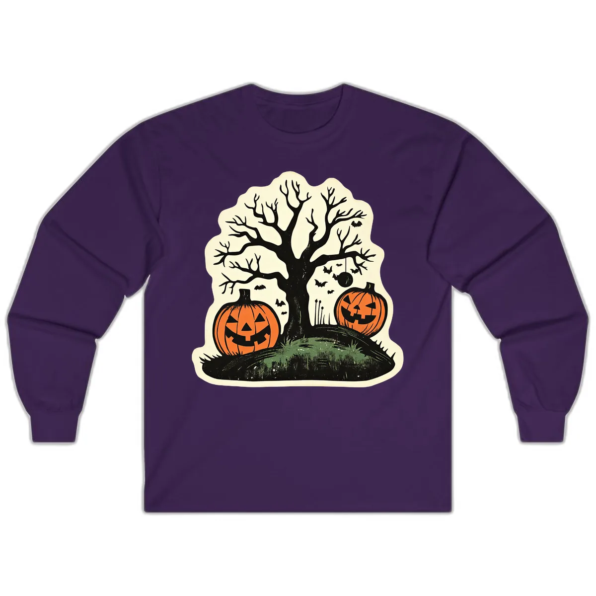 Spooky Halloween Tree And Pumpkins Long Sleeve in Purple