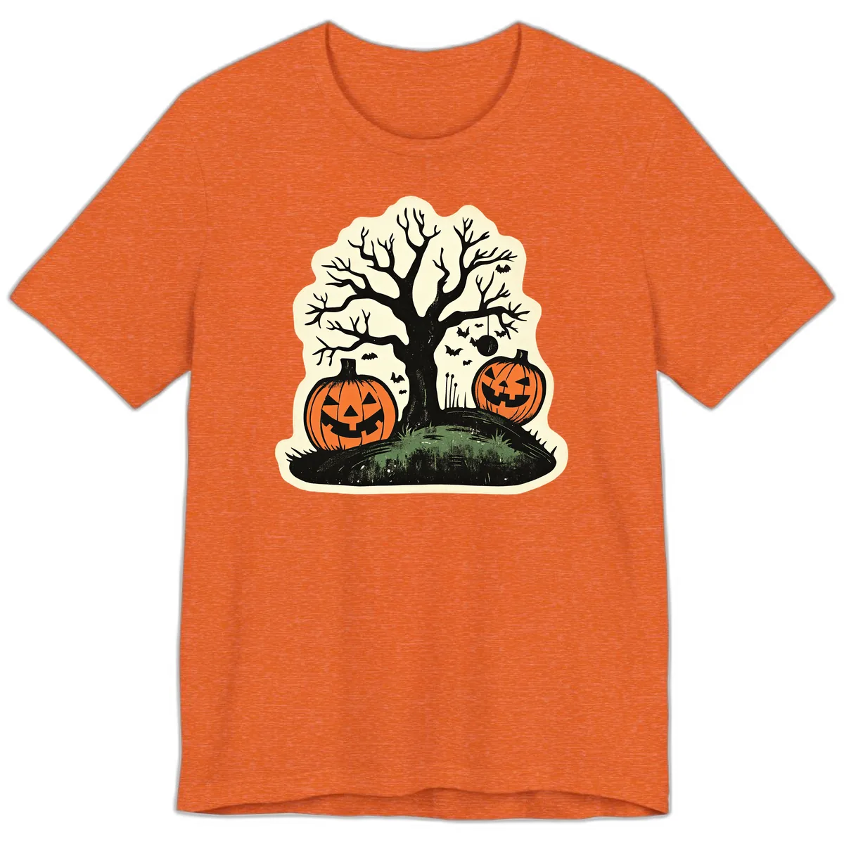 Spooky Halloween Tree And Pumpkins Premium T-Shirt in Heather Orange