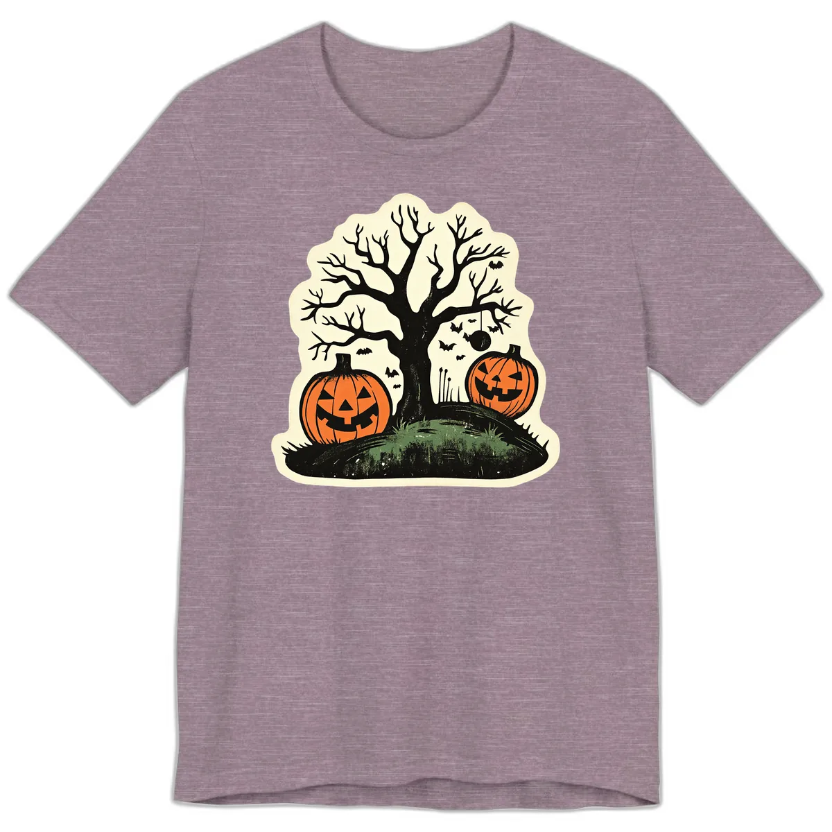 Spooky Halloween Tree And Pumpkins Premium T-Shirt in Heather Purple