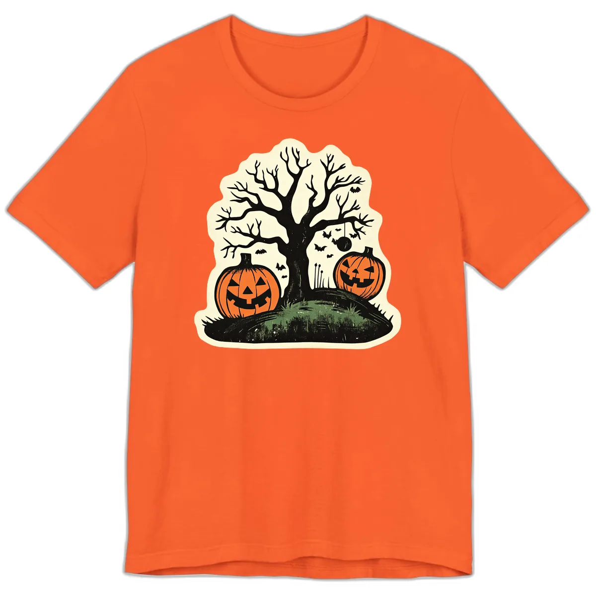 Spooky Halloween Tree And Pumpkins Premium T-Shirt in Orange