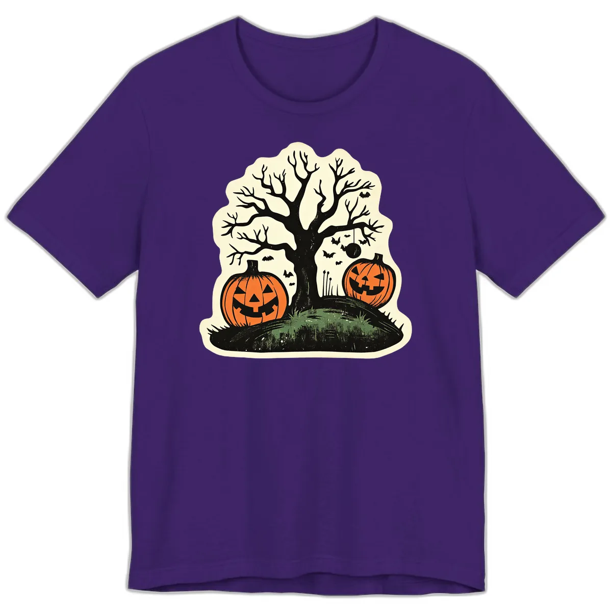 Spooky Halloween Tree And Pumpkins Premium T-Shirt in Team Purple