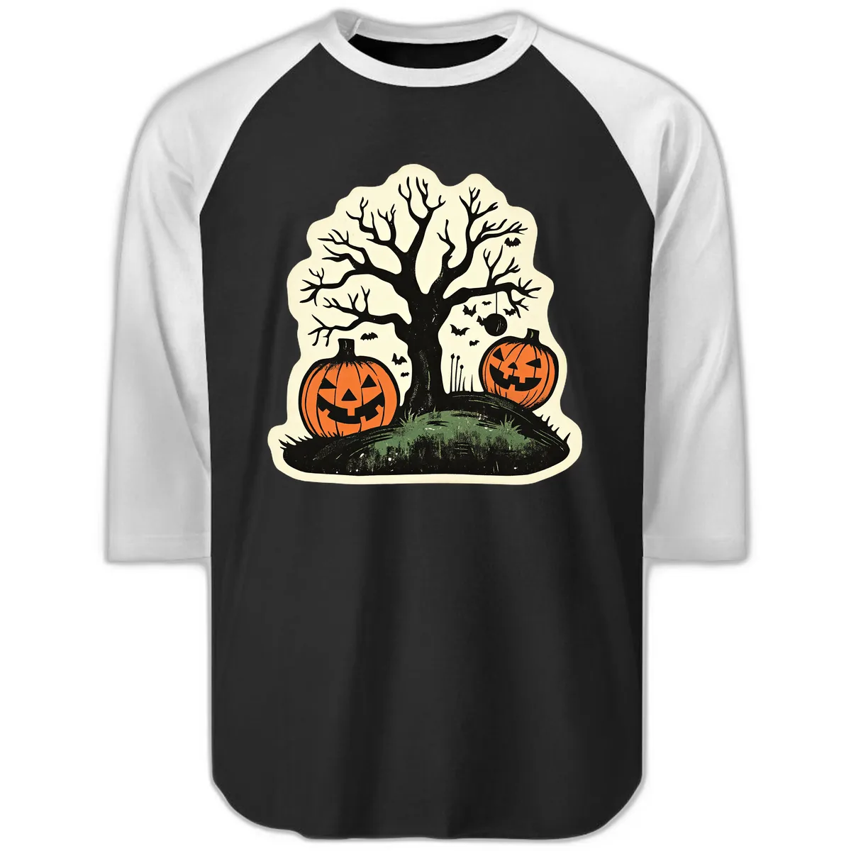 Spooky Halloween Tree And Pumpkins Raglan 3/4 in Black White