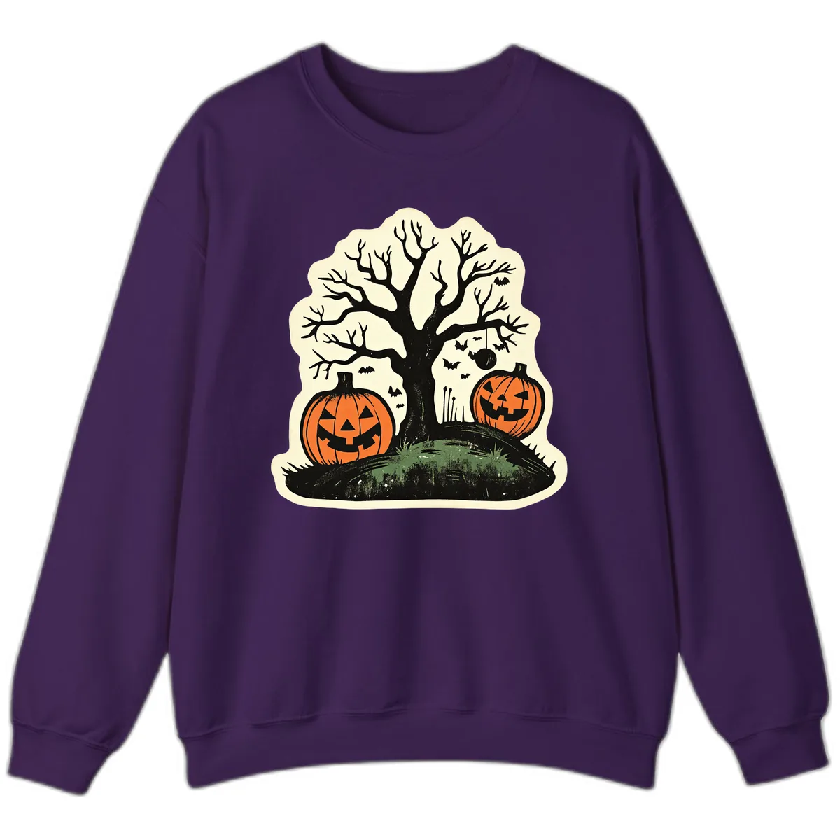 Spooky Halloween Tree And Pumpkins Sweatshirt in Purple
