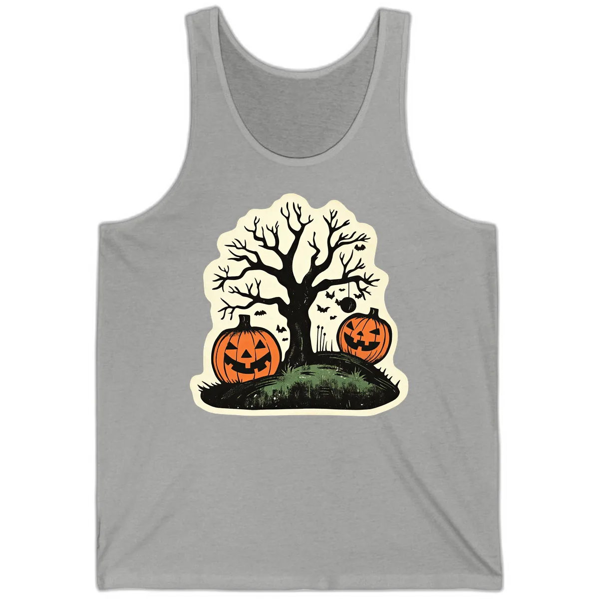 Spooky Halloween Tree And Pumpkins Tank in Athletic Heather