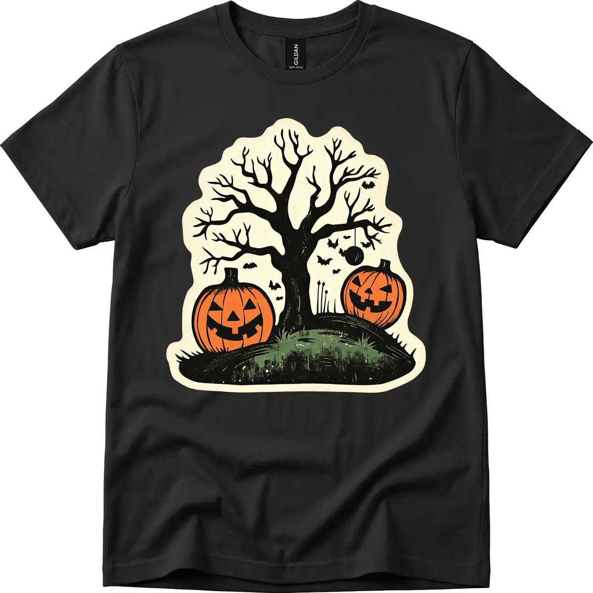 Spooky Halloween Tree And Pumpkins T-Shirt in Black