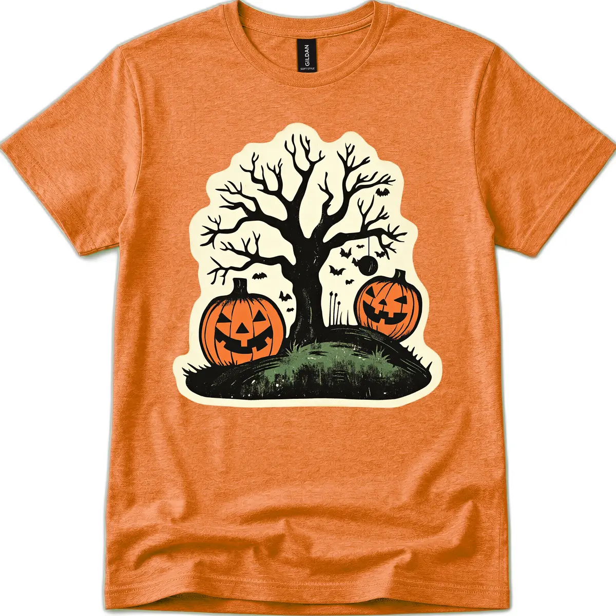 Spooky Halloween Tree And Pumpkins T-Shirt in Heather Orange