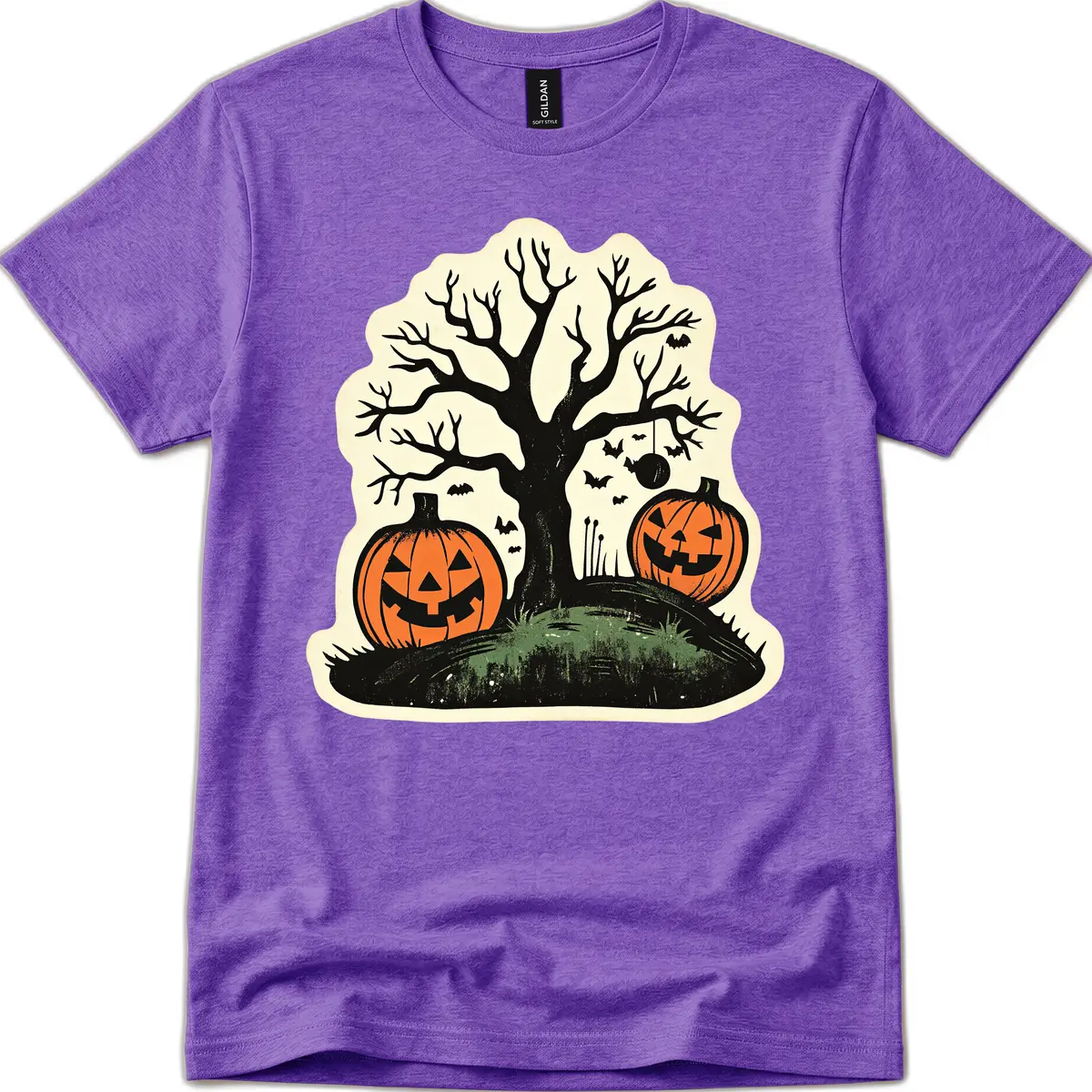 Spooky Halloween Tree And Pumpkins T-Shirt in Heather Purple