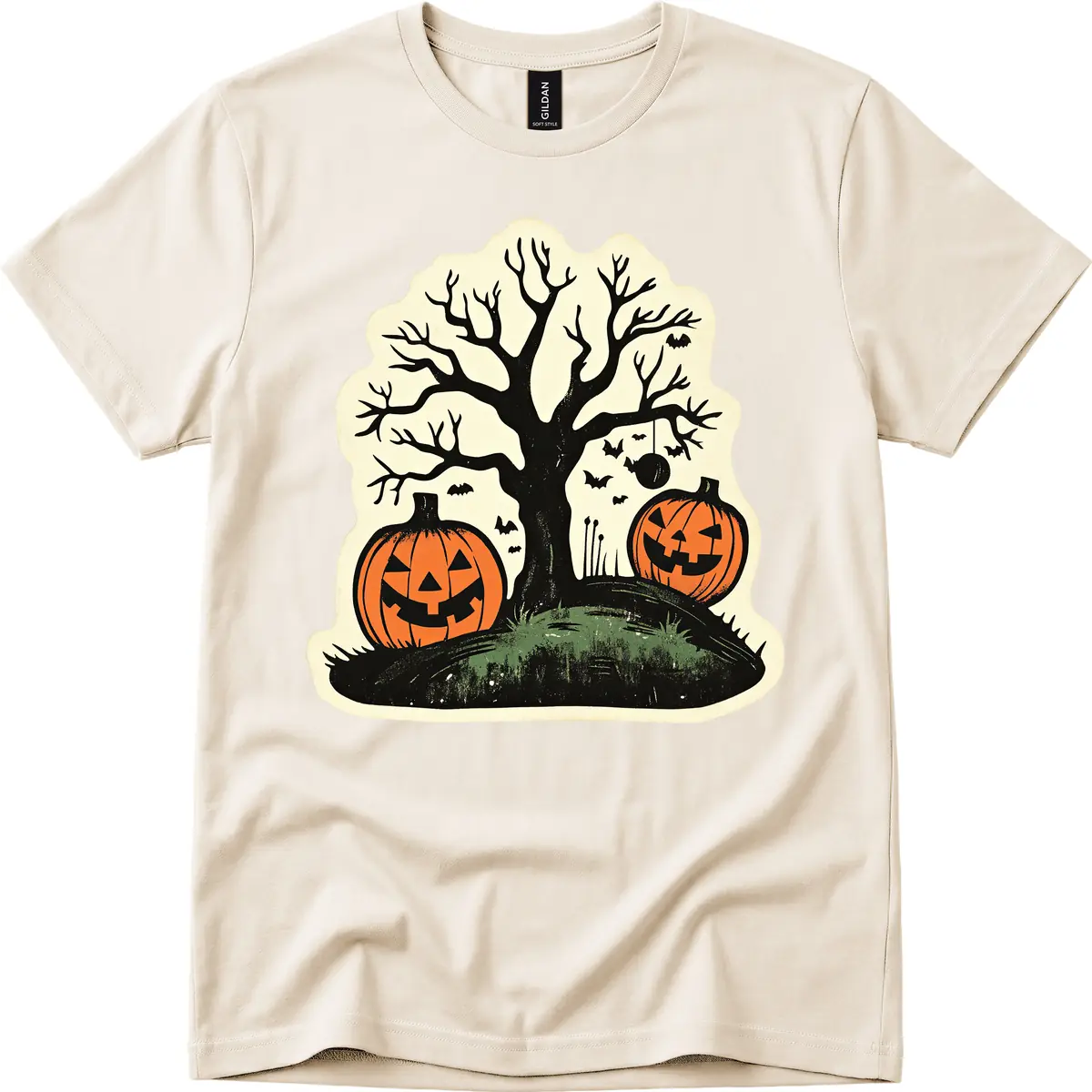 Spooky Halloween Tree And Pumpkins T-Shirt in Natural