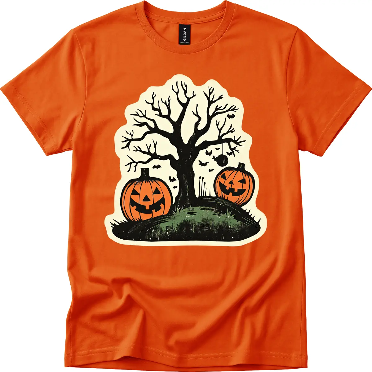 Spooky Halloween Tree And Pumpkins T-Shirt in Orange