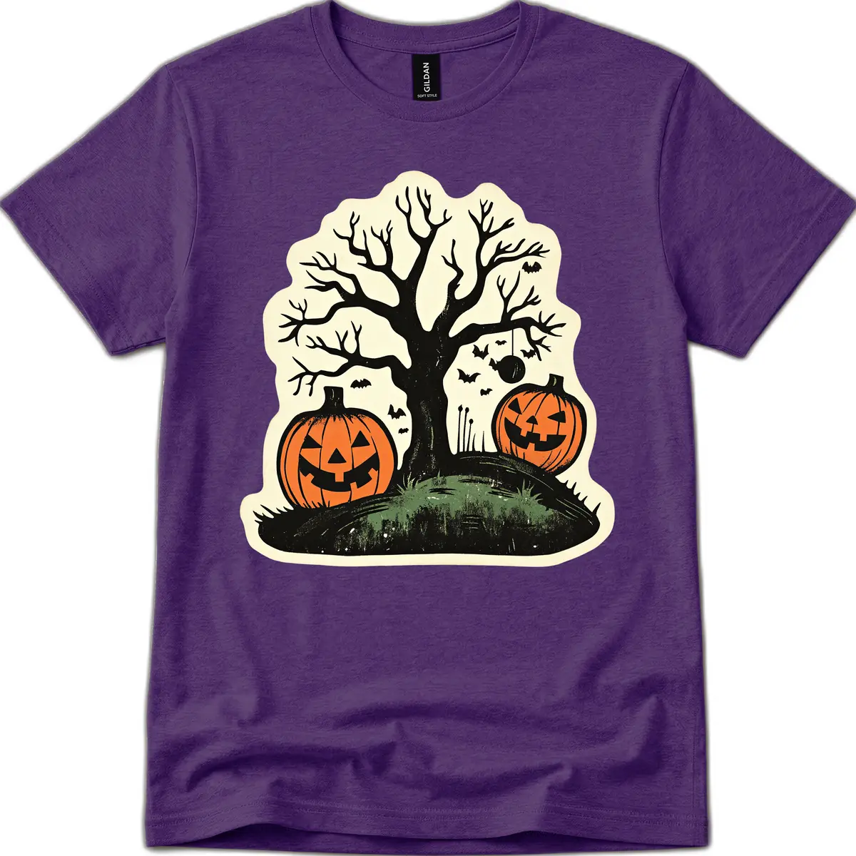 Spooky Halloween Tree And Pumpkins T-Shirt in Purple