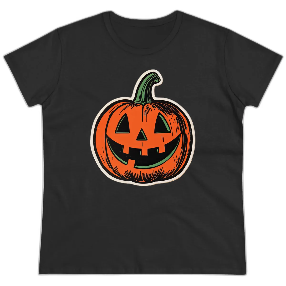 Spooky Jack O Lantern Face Ladies Tee in Black