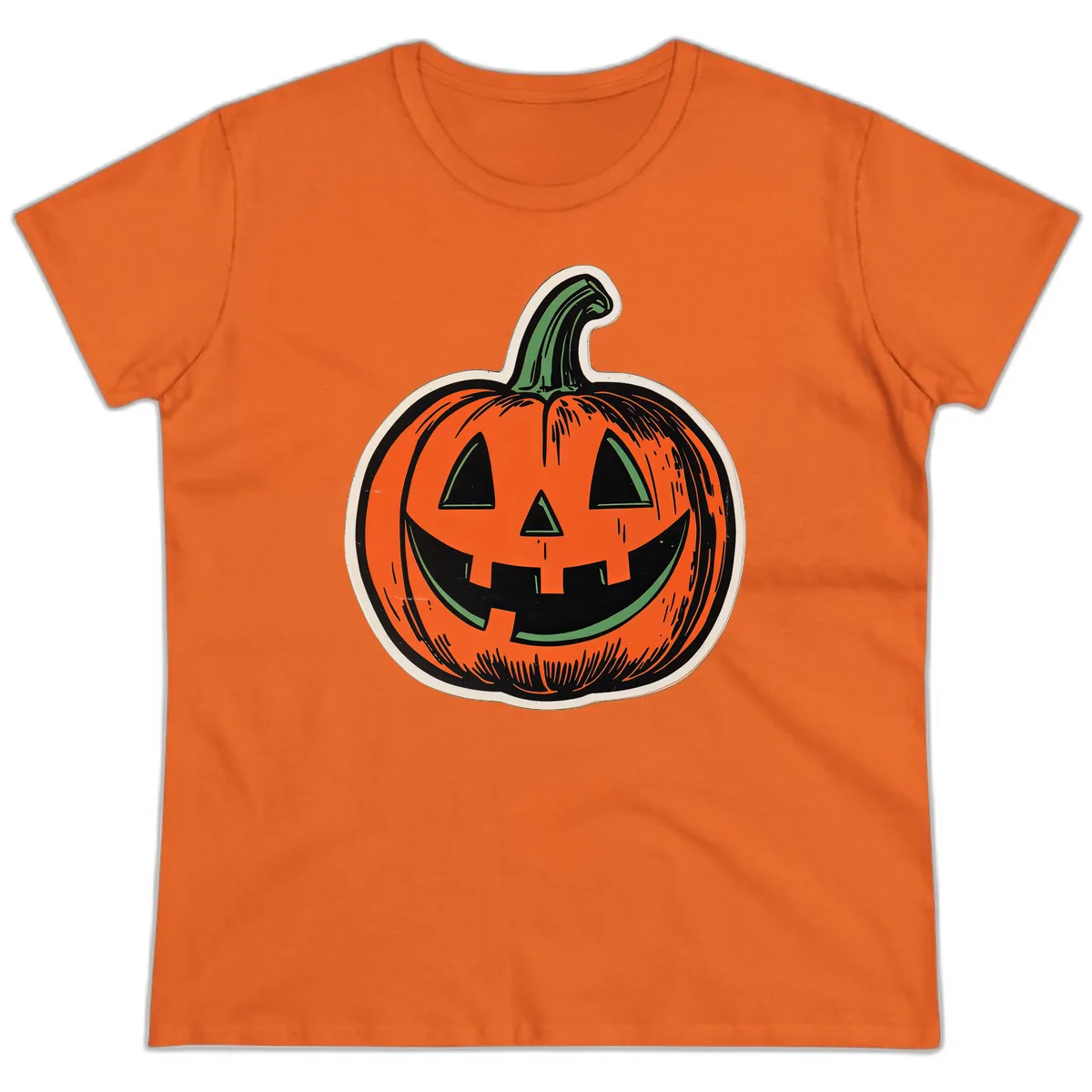 Spooky Jack O Lantern Face Ladies Tee in Orange