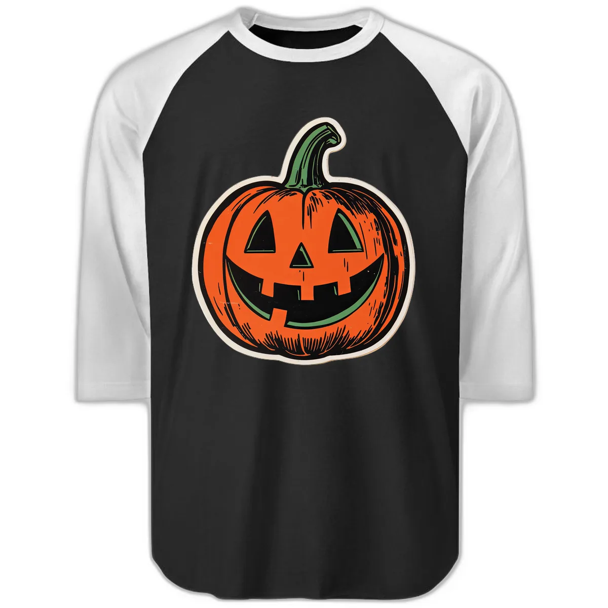Spooky Jack O Lantern Face Raglan 3/4 in Black White