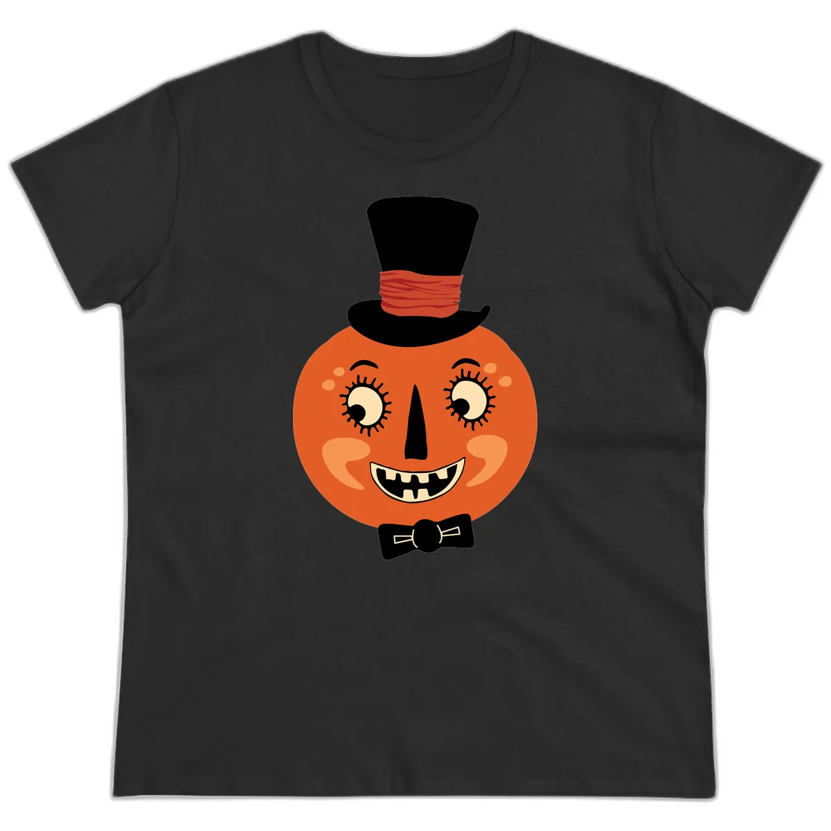 Dapper Pumpkin Top Hat Bow Tie Ladies Tee in Black