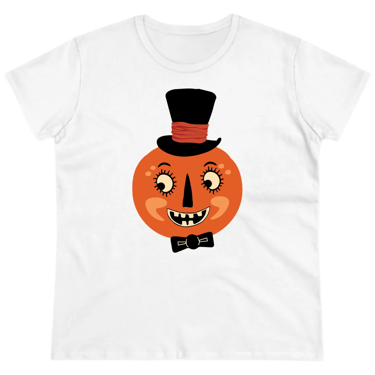 Dapper Pumpkin Top Hat Bow Tie Ladies Tee in White