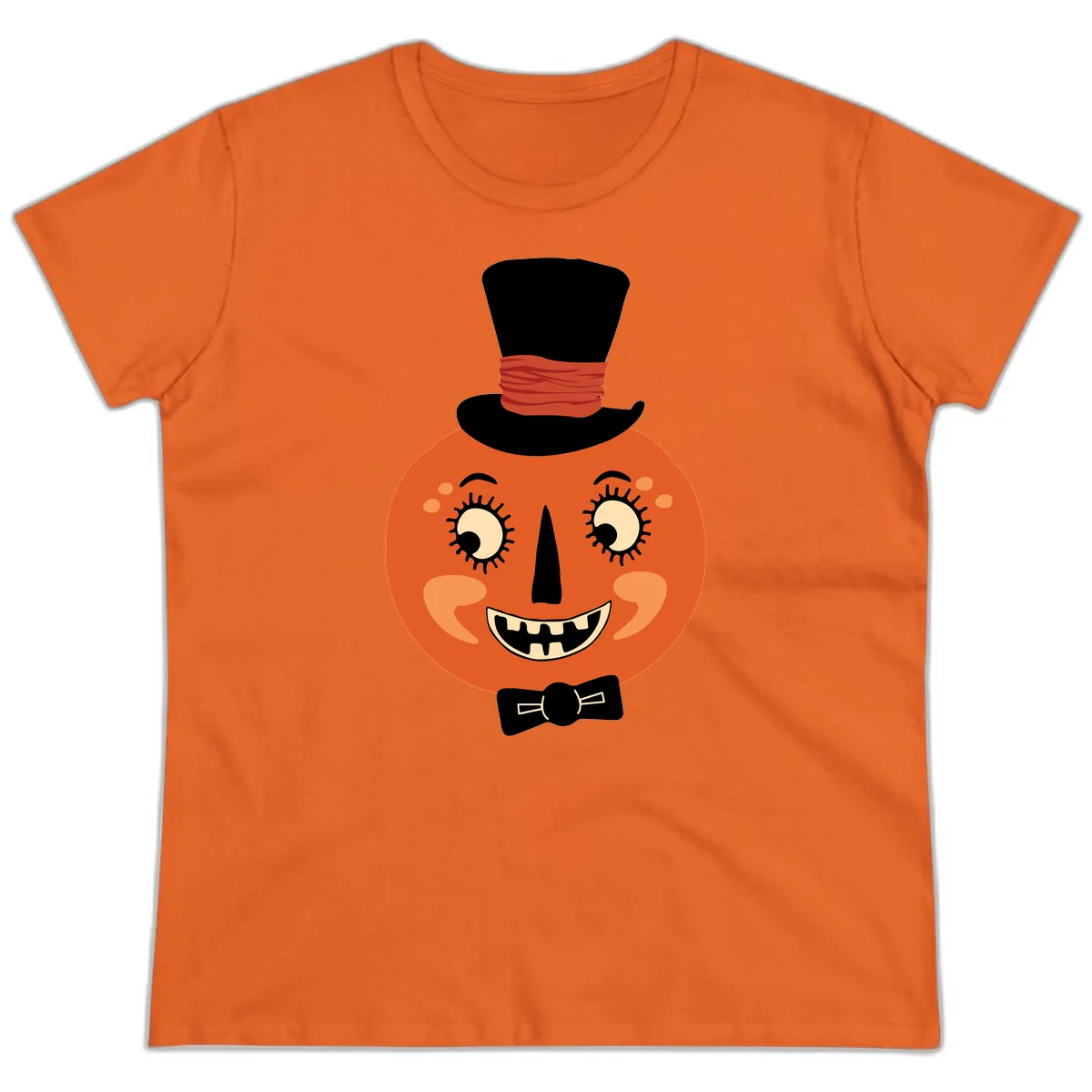 Dapper Pumpkin Top Hat Bow Tie Ladies Tee in Orange