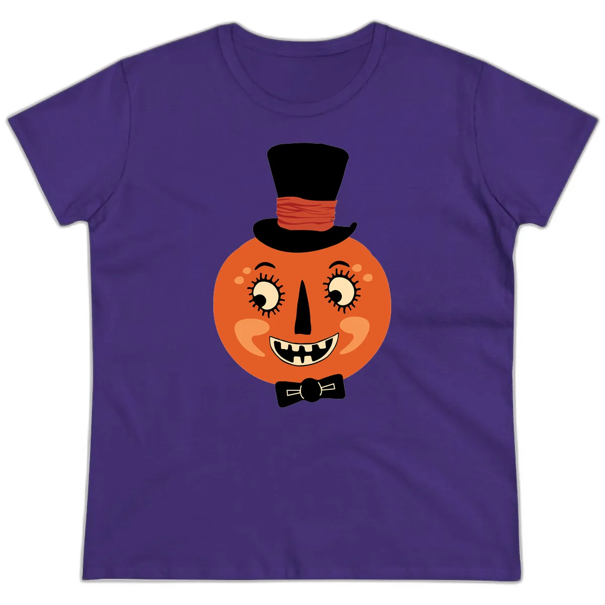 Dapper Pumpkin Top Hat Bow Tie Ladies Tee in Purple
