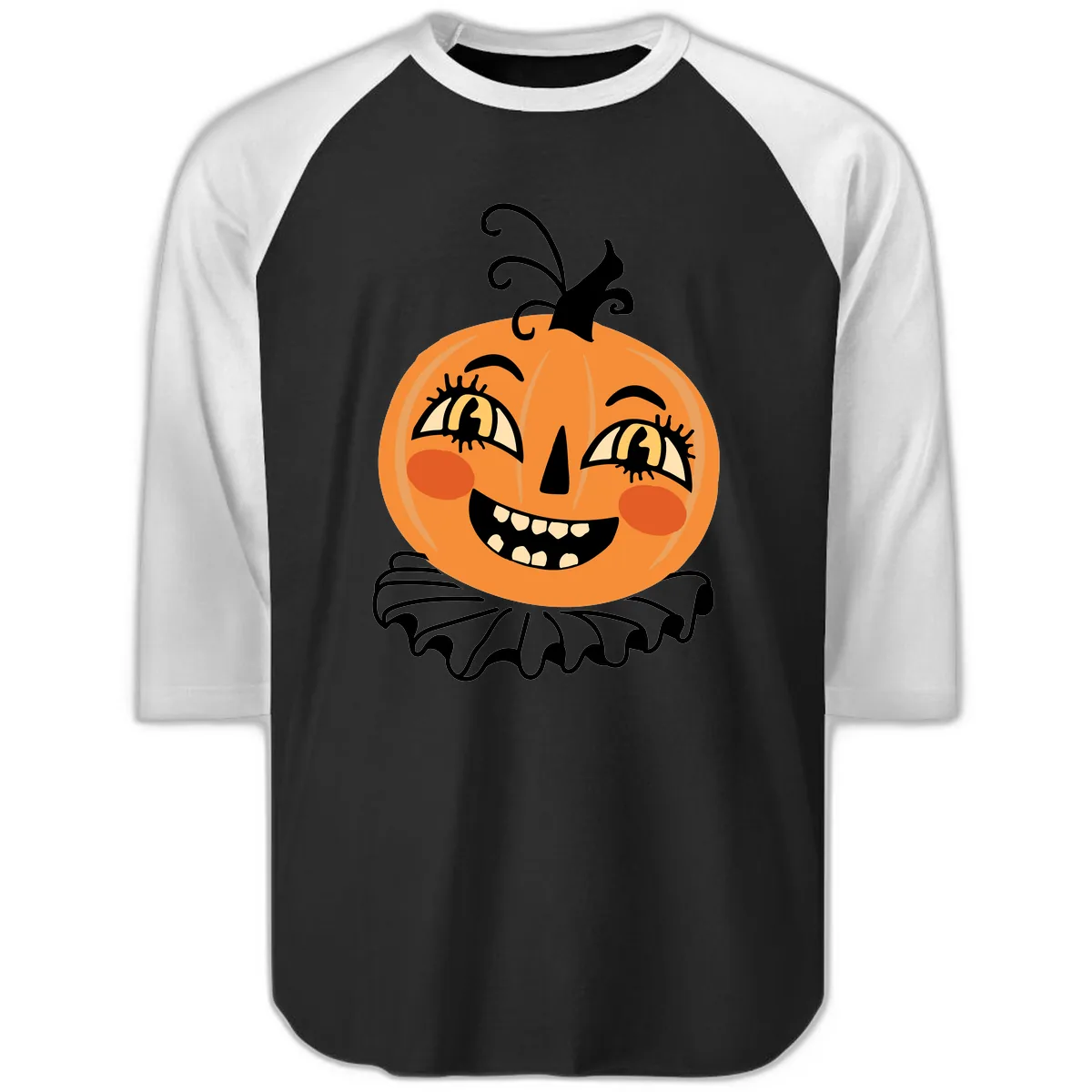 Happy Jack O Lantern Halloween Raglan 3/4 in Black White