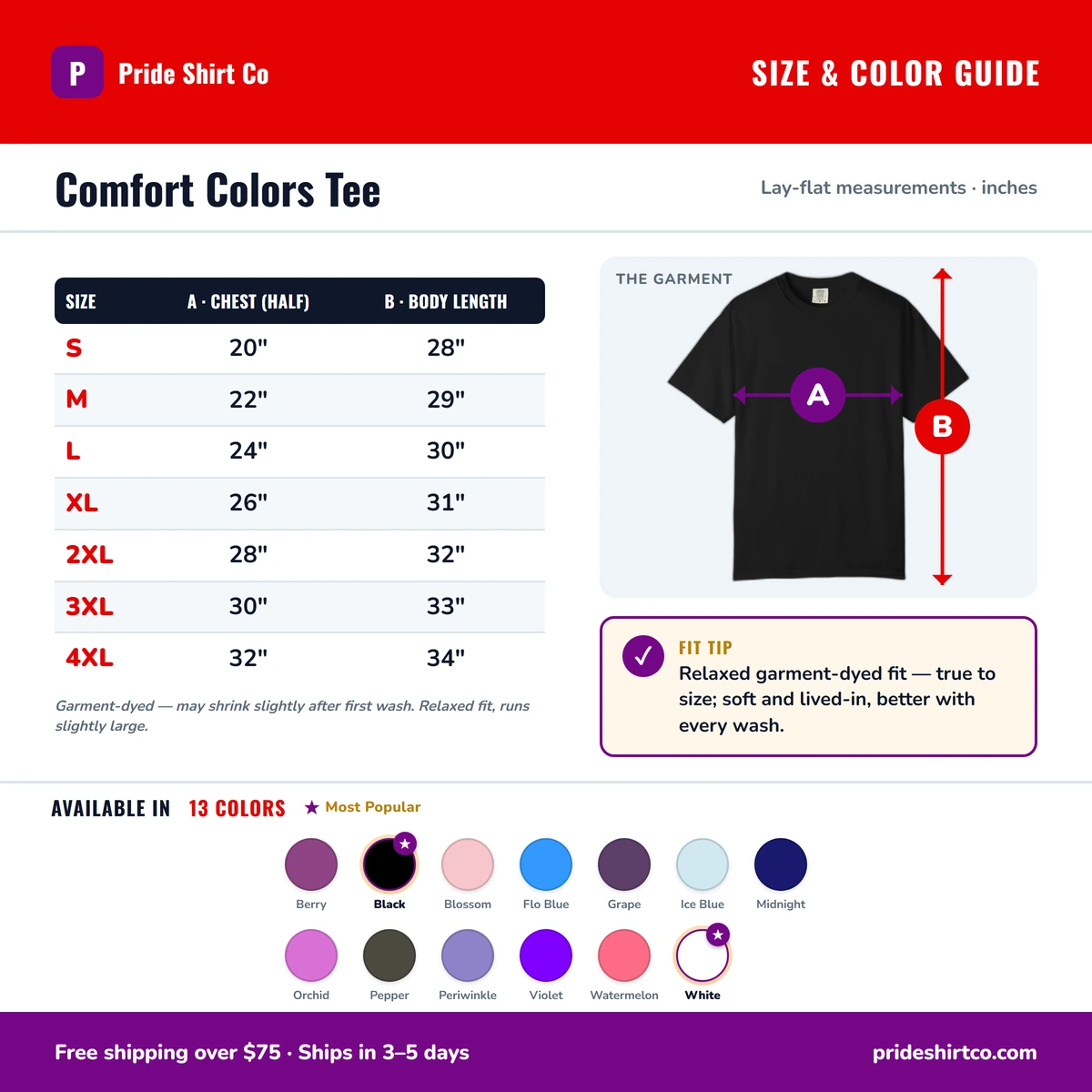 Comfort Color size & color guide