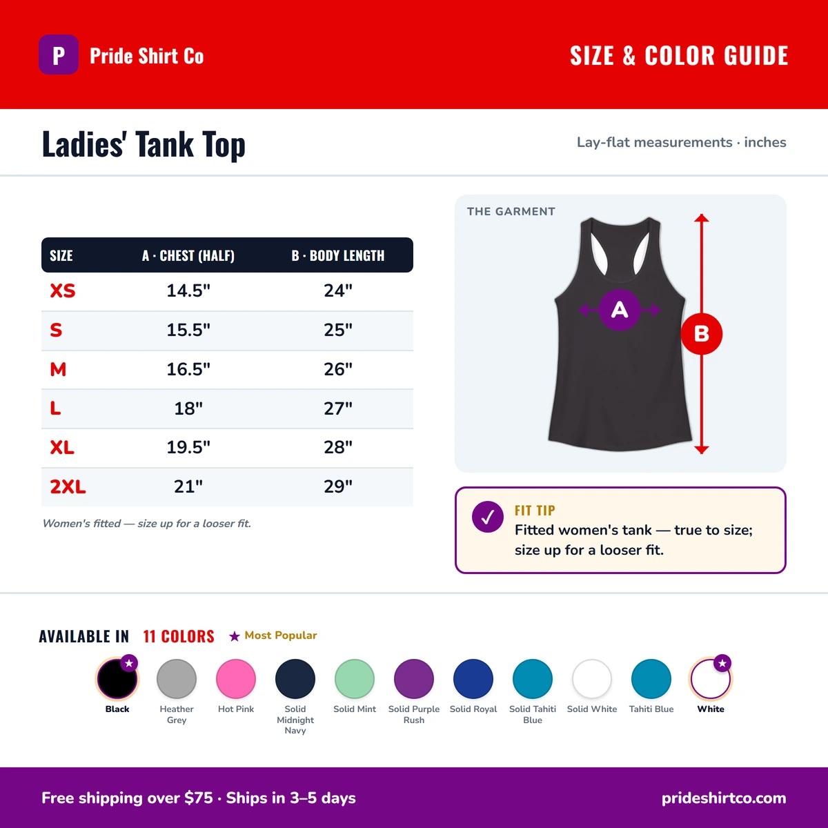 Ladies Tank size & color guide