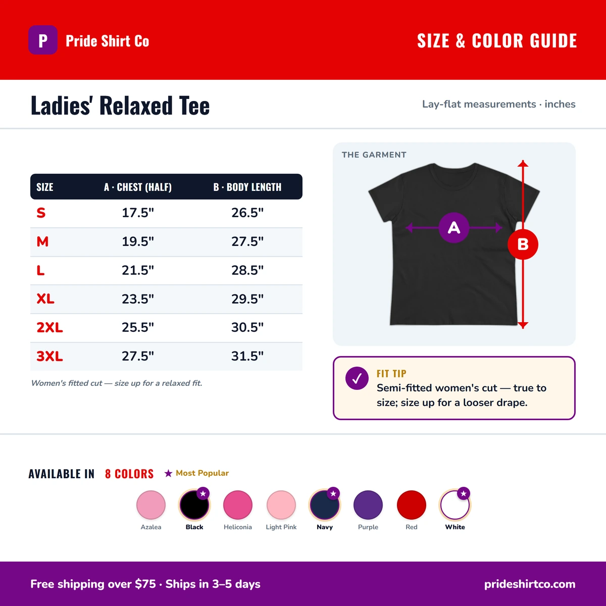 Ladies Tee size & color guide