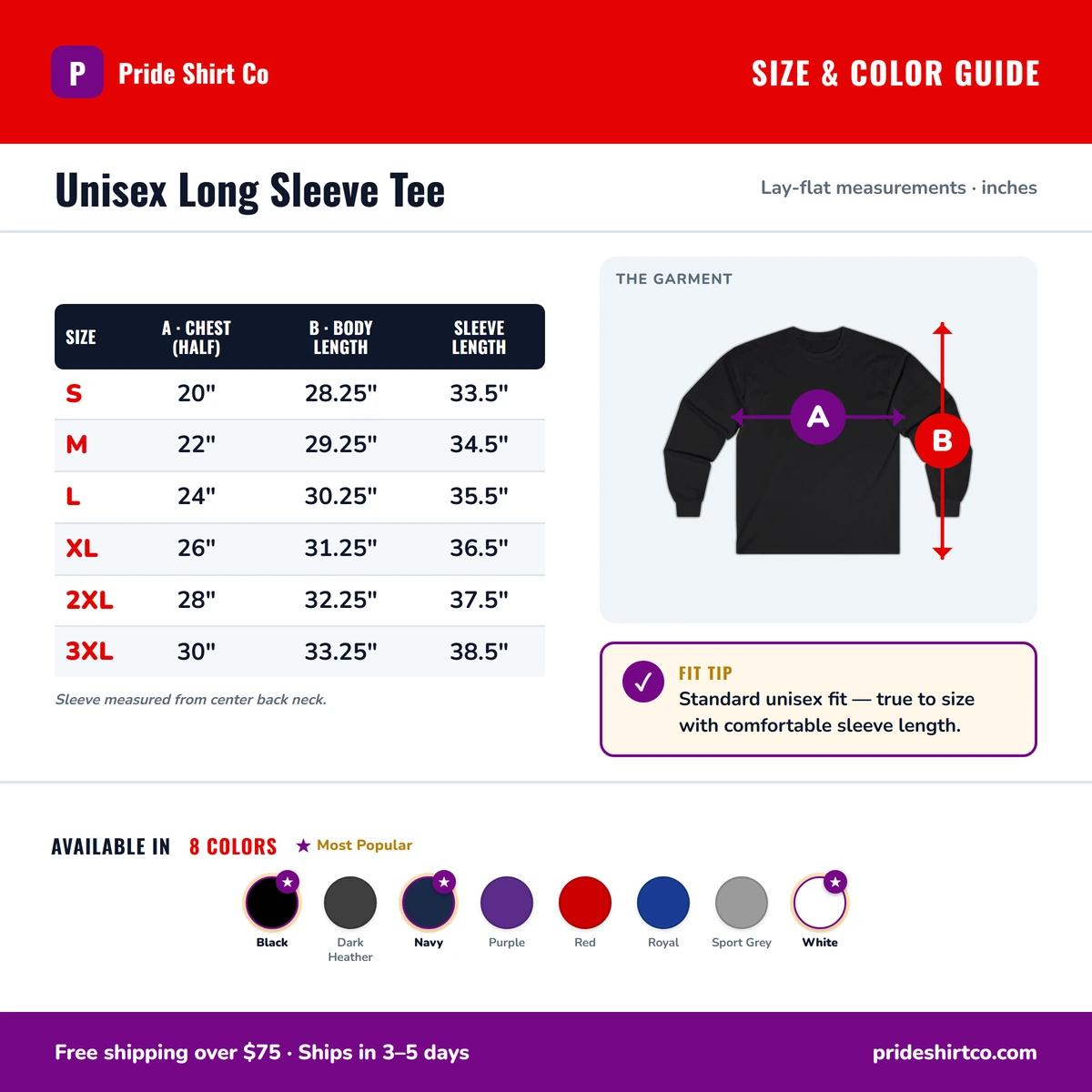 Long Sleeve size & color guide
