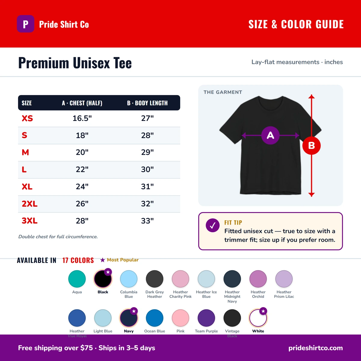 Premium T-Shirt size & color guide