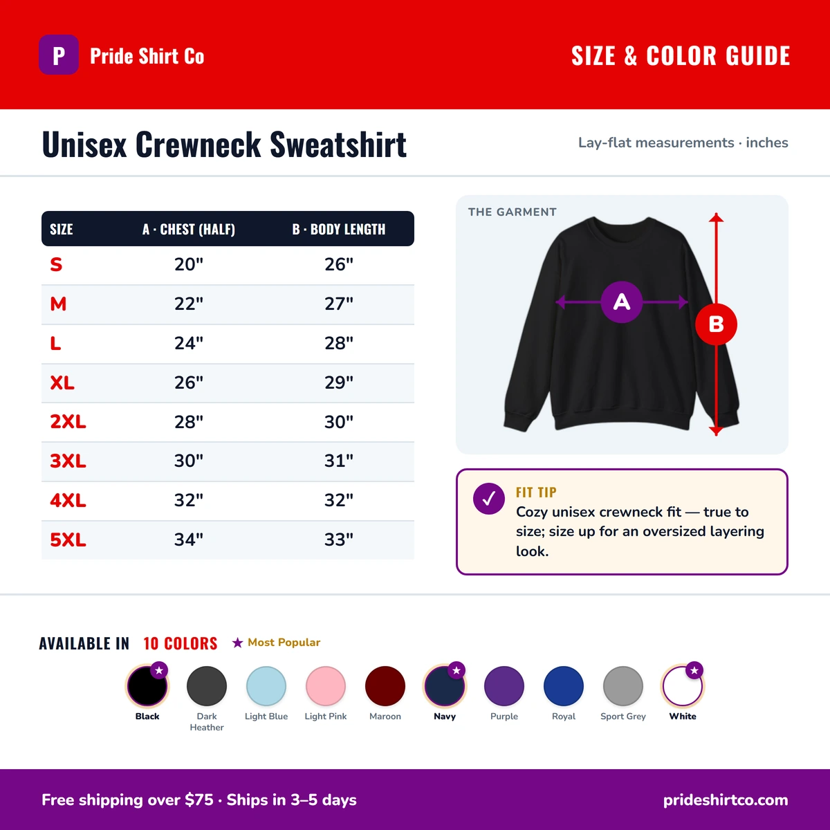 Sweatshirt size & color guide