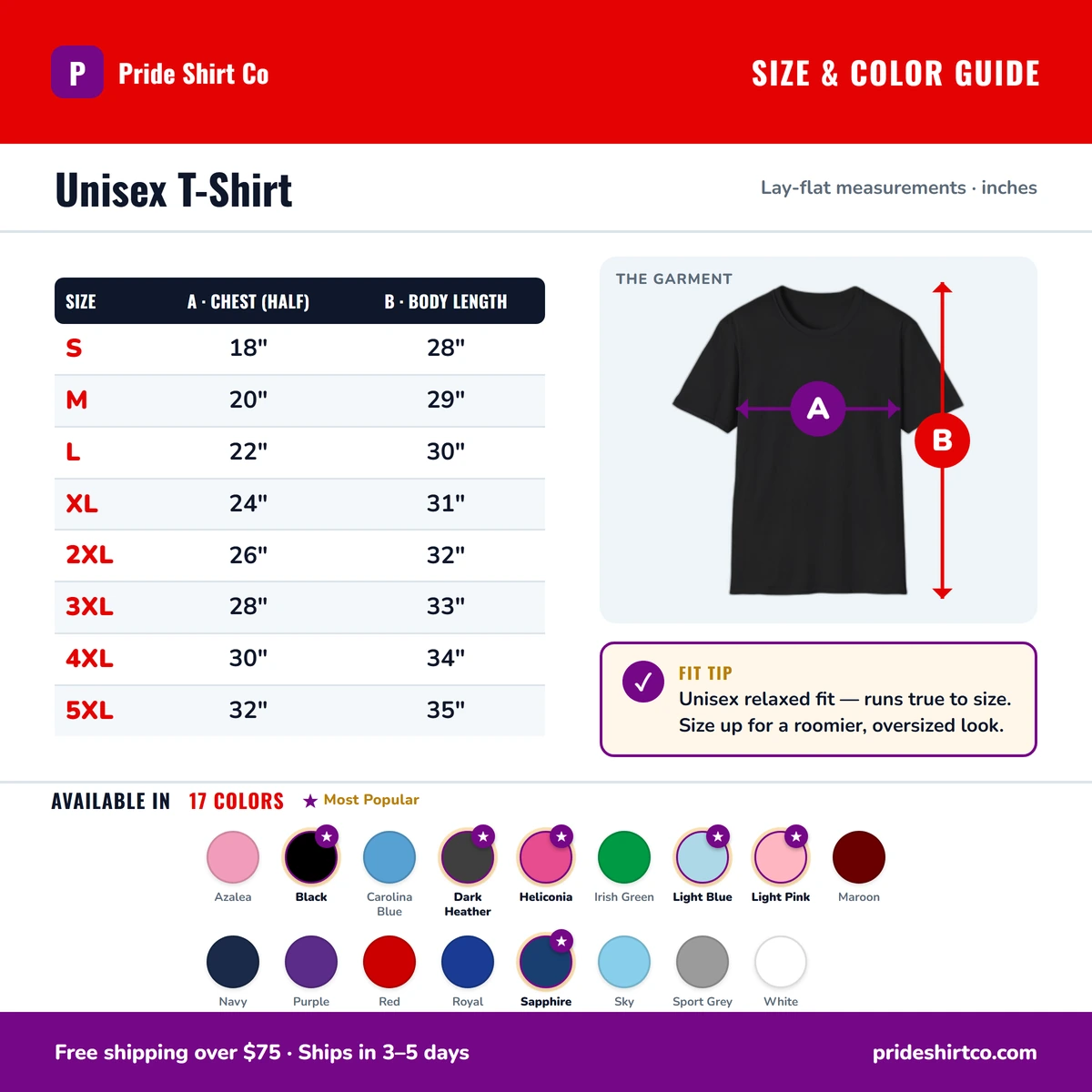 T-Shirt size & color guide