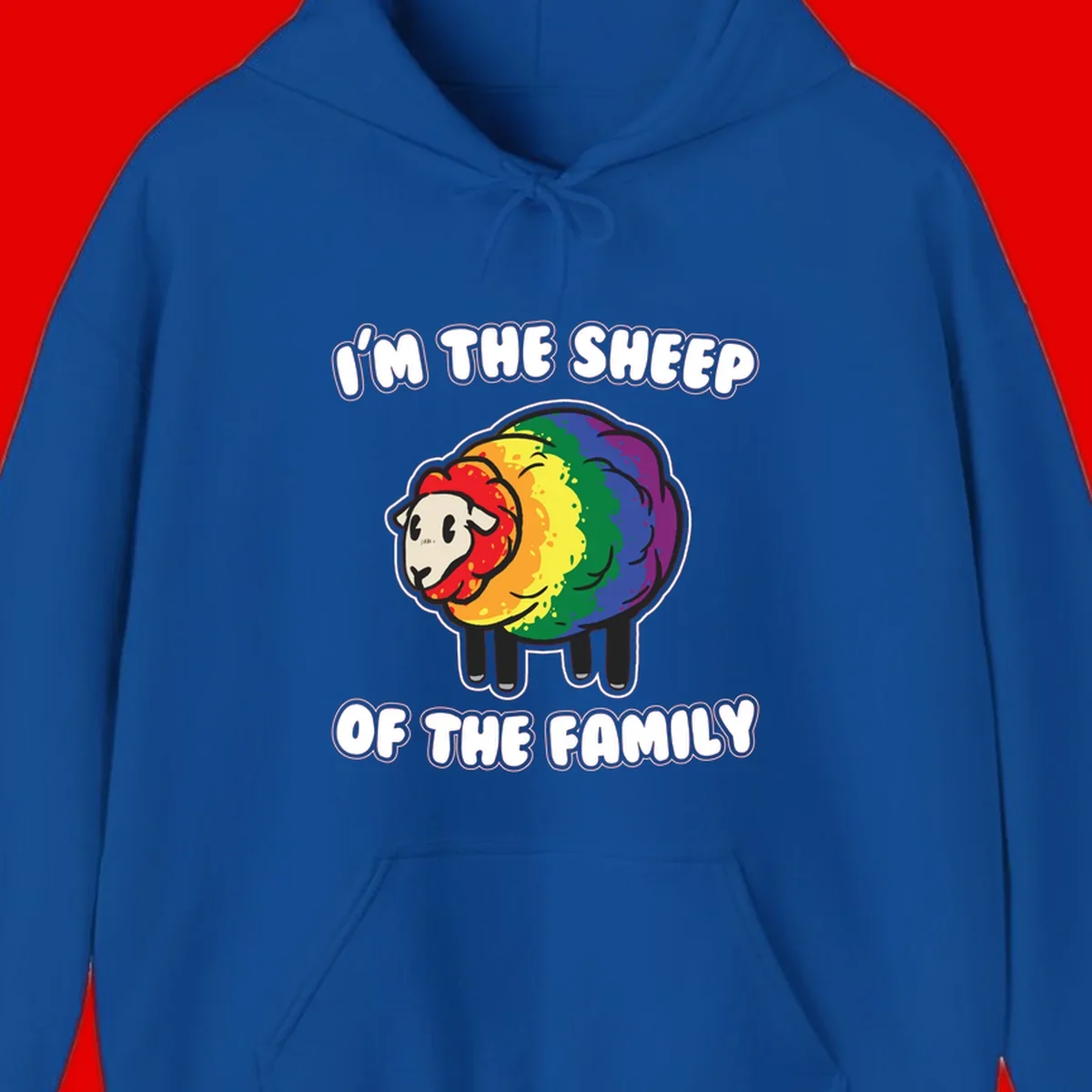 Cartoon rainbow sheep with pride flag colors wool and text reading 'I'm The Sheep Of The Family'