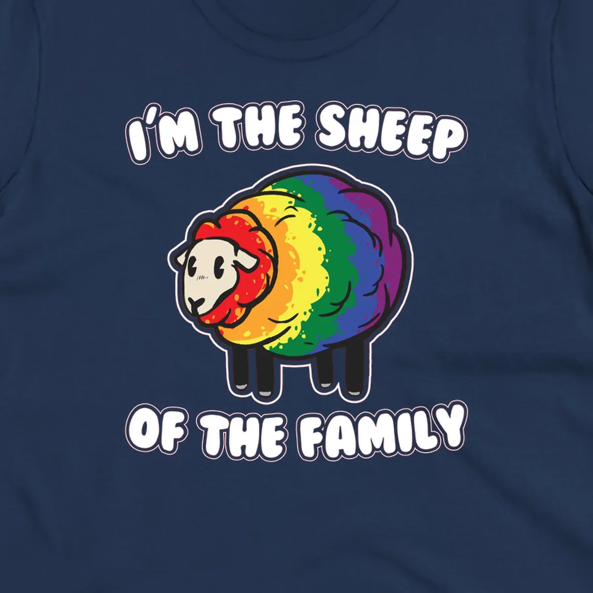 Cartoon rainbow sheep with pride flag colors wool and text reading 'I'm The Sheep Of The Family'