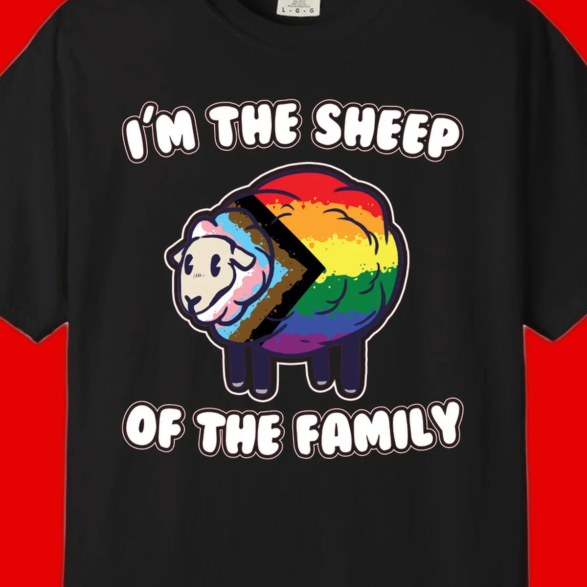 Cartoon sheep filled with rainbow and progress pride flag colors with text 'I'm the sheep of the family'