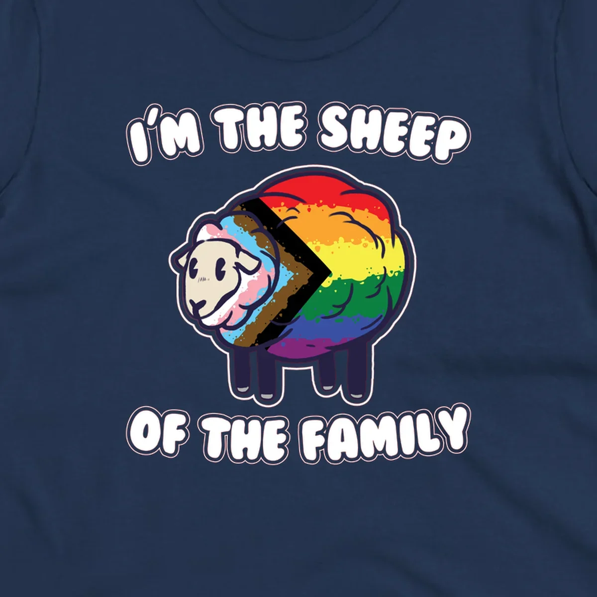 Cartoon sheep filled with rainbow and progress pride flag colors with text 'I'm the sheep of the family'