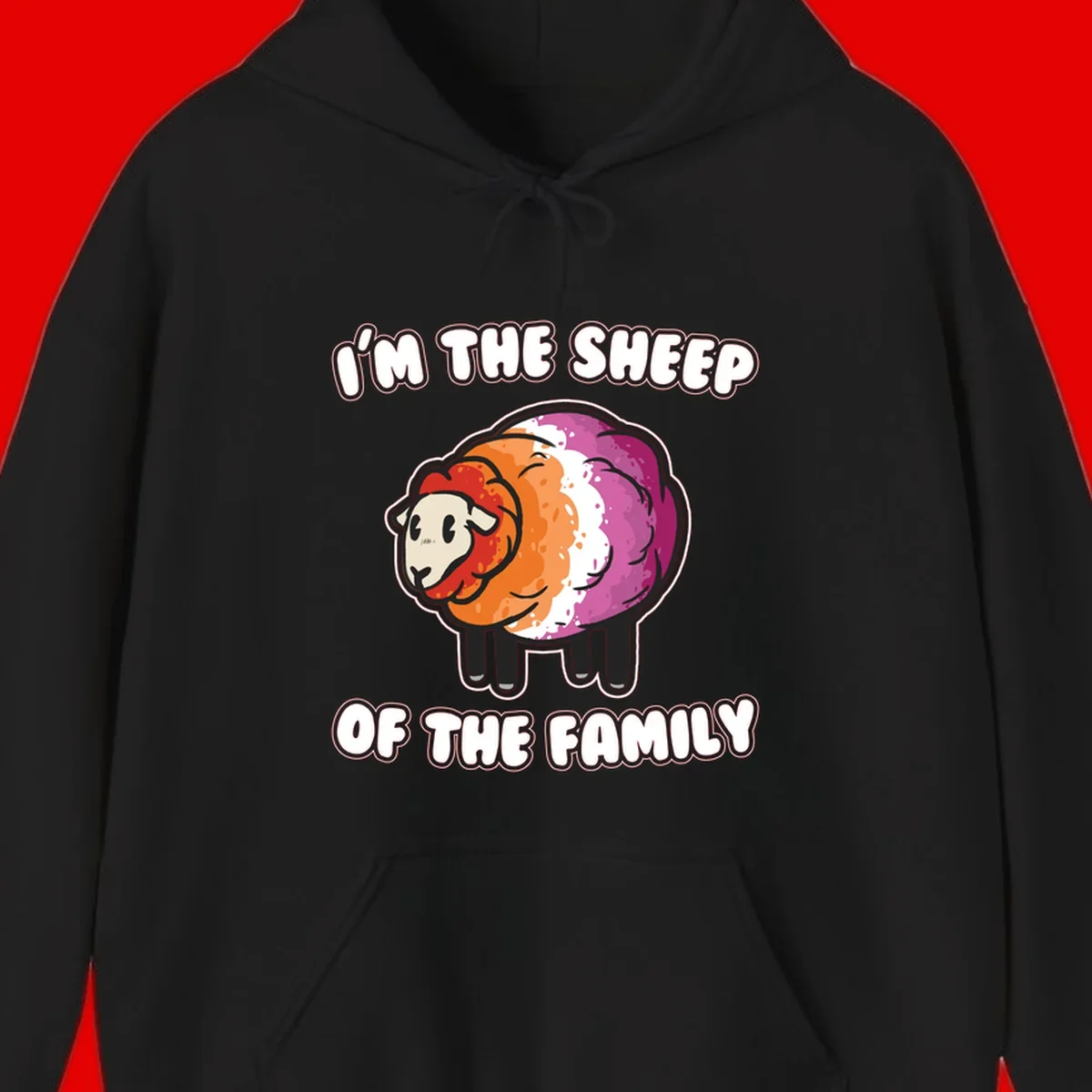 Colorful cartoon sheep with rainbow wool stripes and text 'I'm The Sheep Of The Family' on gray background
