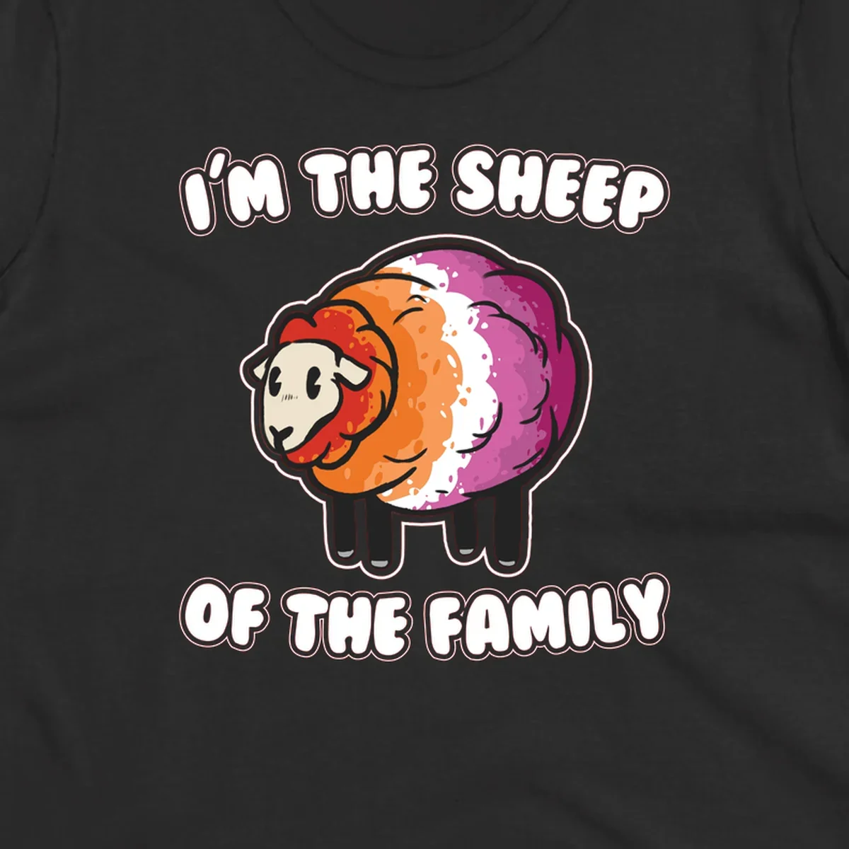 Colorful cartoon sheep with rainbow wool stripes and text 'I'm The Sheep Of The Family' on gray background