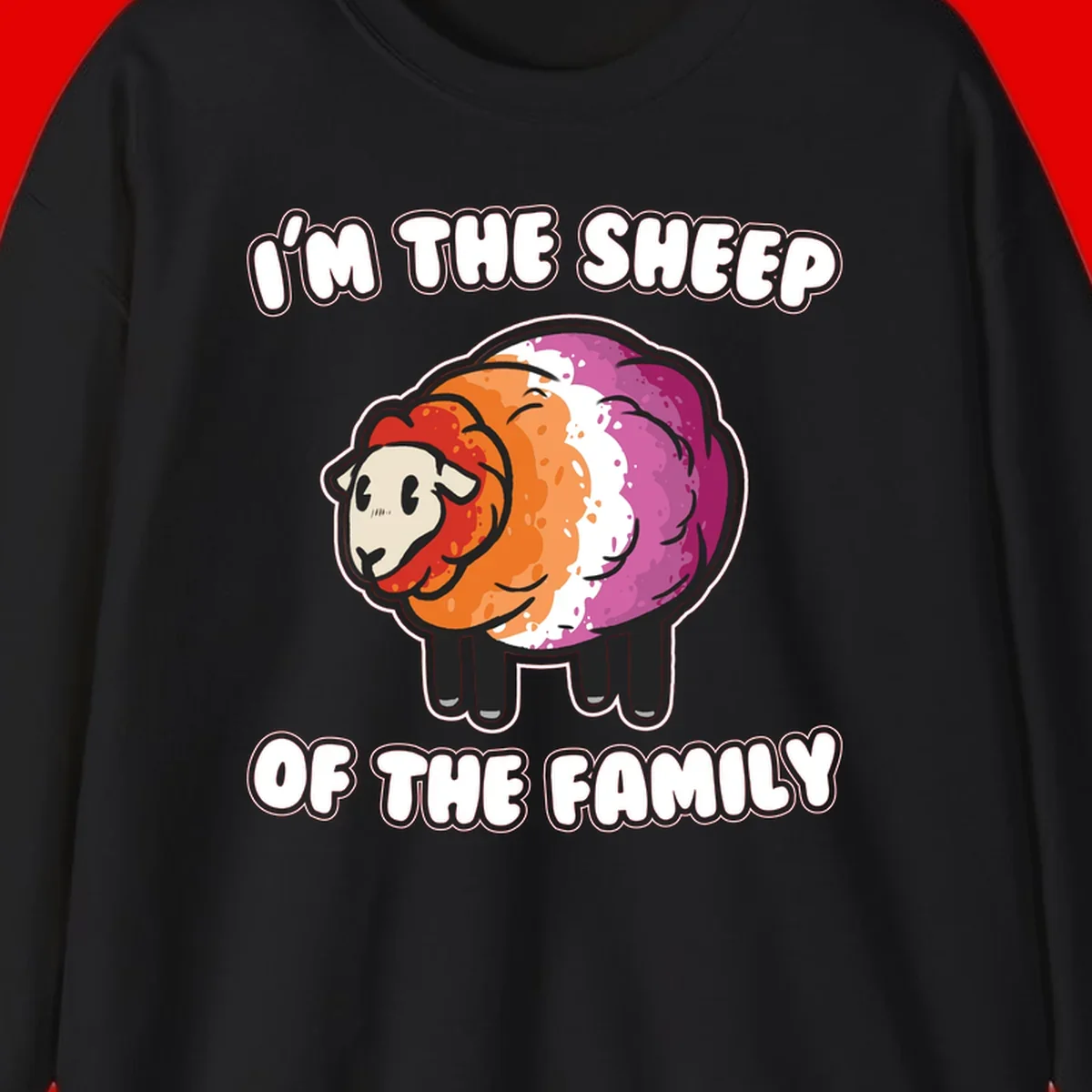 Colorful cartoon sheep with rainbow wool stripes and text 'I'm The Sheep Of The Family' on gray background